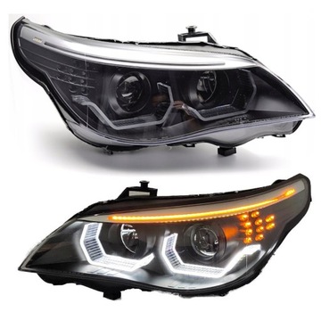 BMW 5 E60 E61 2003-2007 lampy przednie black ringi LED 3D DTM soczewki H7