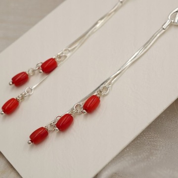 Красивые, длинные серьги из серебра 925 пробы - коралл.