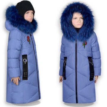 PARKA PŁASZCZYK kurtka FUTERKO ZIMOWA kaptur MEGA CIEPŁA BLUE 164 JAKOŚĆ