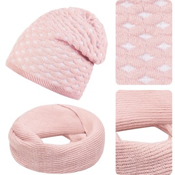 KOMPLET DAMSKI CZAPKA BEANIE + KOMIN JESIENNY ZIMOWY CIEPŁY RÓŻOWY
