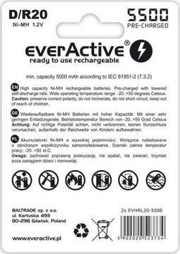 АККУМУЛЯТОРЫ D/R20 NI-MH EVERACTIVE 5500MAH SILVER LINE (2 КОМПЛЕКТА В КОРОБКЕ)