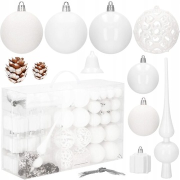 НАБОР РОЖДЕСТВЕНСКИХ ШАРОВ 3/4/5 СМ XXL 101 шт. БЕЛАЯ + ОСТОРОЧНАЯ ВЕРШИНКА ДЛЯ ЕЛКИ