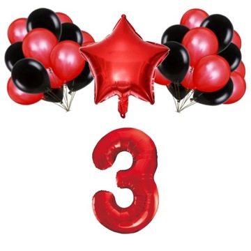 ZESTAW BALONY 3 URODZINY CZERWONY CZARNY 3 ROCZNICA ŚLUBU