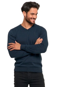 Sweter Męski Elegancki Klasyczny Bawełniany Granatowy Modny Serek MORAJ M