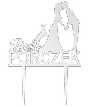 Srebrne lustro topper weselny, para młoda i pies