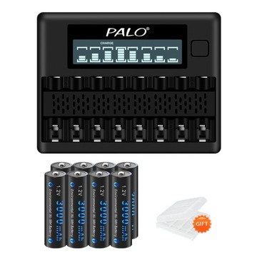 8 sztuk akumulatorów 3000 mAh 1,2 V Ni-MH AA R6 Zestaw baterii + ładowarka
