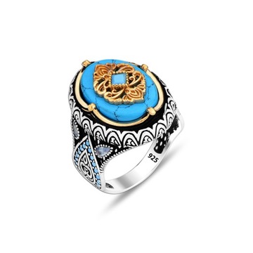 Turkish Ottoman Turquoise Men's Ring 925 Sterling Silver
