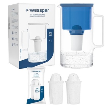 Dzbanek filtrujący szklany Wessper 3l Niebieski + 3x Filtr aquaclassic