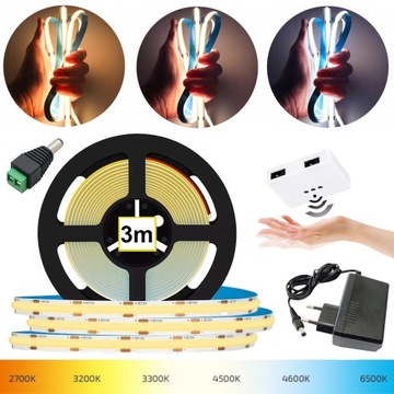ZESTAW Taśma LED COB 3m NEON + WŁĄCZNIK SZAFKOWY ZE ŚCIEMINACZEM I ZASILACZ