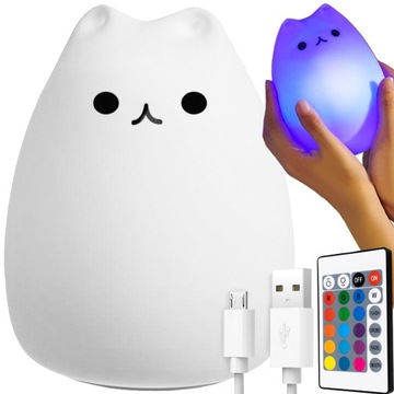 Lampka Nocna LED dla Dzieci Kotek RGB + Pilot USB silkonowa