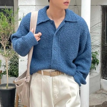 Men's Cardigan Solid Knitted Lapel Long Sleeve But