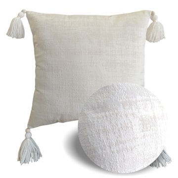 POSZEWKA dekoracyjna Boho welur welwet śmietanka/ecru frędzle D 50x50