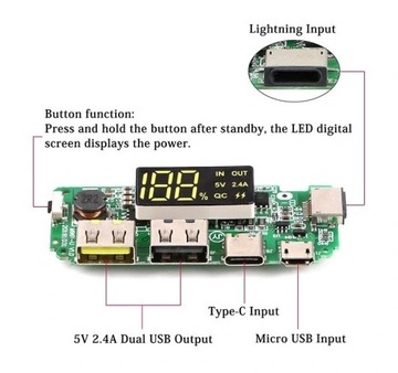 Модуль зарядки аккумулятора Li-Ion 18650 POWERBANK BMS 2.4A USB-C