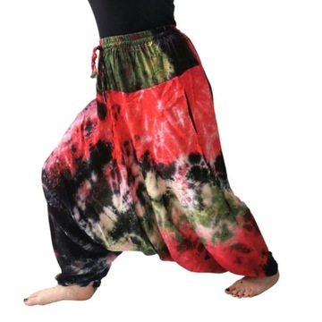 Szarawary spodnie alladynki haremki joga przewiewne czerwono-zielone Indie