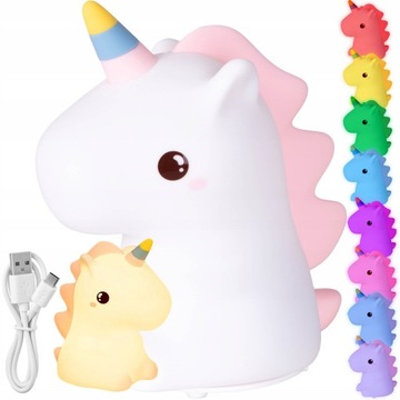 SILIKONOWA LAMPKA NOCNA DLA DZIECI LED RGB USB 16 KOLORÓW LAMPA JEDNOROŻEC