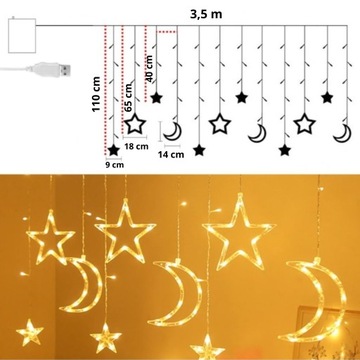 СВЕТОДИОДНАЯ СВЕТОВАЯ ЗАВЕСА 3,5 М ЗВЕЗДЫ ЛУНЫ ТЕПЛО ДЛЯ USB И АККУМУЛЯТОРА
