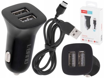 ŁADOWARKA SAMOCHODOWA DO AUTA 2xUSB DŁUGI KABEL WEJŚCIE TYPU C