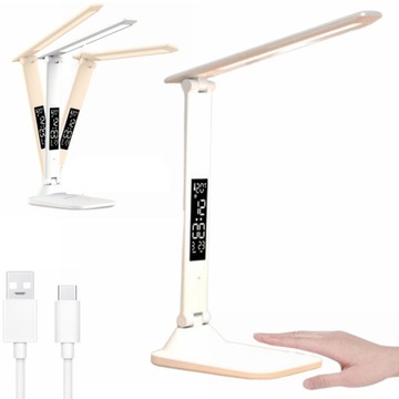 Dotykowa Lampka Biurkowa Szkolna Na Biurko Zegar LED 3 Tryby Ładowanie USB