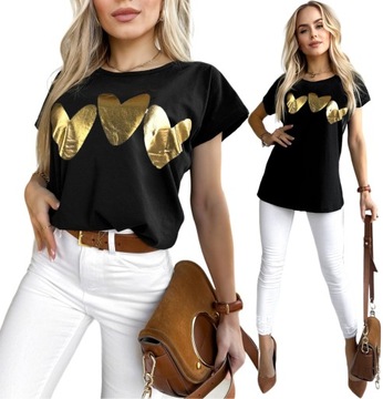 Bawełniana luźna BLUZKA DAMSKA koszulka złoty nadruk modny print