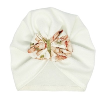 CZAPKA TURBAN ecru z kokardą kwiaty wiosna lato r.38-42cm