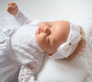 Bawełniana SUKIENKA CHRZEST koronka + OPASKA 80/86