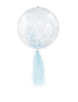 Balon przezroczysty z konfetti niebieski frędzle
