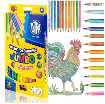 TĘCZOWE KREDKI OŁÓWKOWE GRUBE 12 KOLORÓW ASTRA