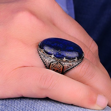 Giant 20 x 30 mm Natural Lapis Lazuli Men's Ring Turkish 925 Sterling