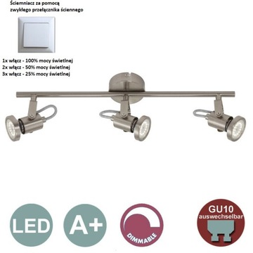 LAMPA 3x GU10 LED / MOCNE ŻARÓWKI 5W / ŚCIEMNIACZ