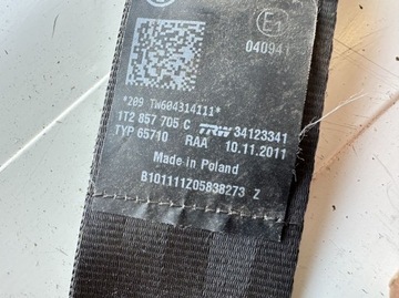 VW TOURAN I 1T3 FACELIFT 10-15 PAS BEZPEČNOSTI PRAVÝ LEVÝ PŘEDNÍ 1T2857705C