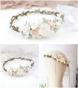 Венок на голову РОЗА, повязка на голову для причастия, бело-розовый