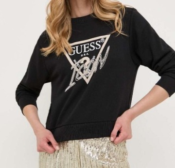 GUESS Icon bluza bawełniana cyrkonie koraliki czarna damska logo XS