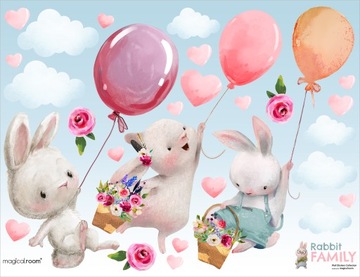 Naklejki na ścianę dla dzieci NAKLEJKA KRÓLICZKI Z BALONAMI - 100cm x 130cm