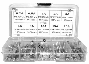 Zestaw bezpieczników szklanych bezpieczniki szklane 5x20mm WTA 100szt