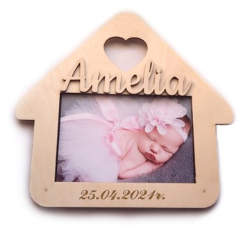 Pamiątka Narodzin Domek METRYCZKA Ramka z imieniem datą godziną ur. dziecka