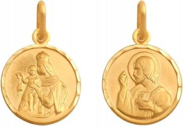 Złoty medalik 585 okrągły szkaplerz z Matką Boską i Dzieciątkiem Jezus
