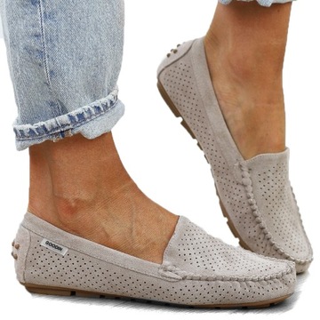 Beżowe mokasyny damskie ażurowe wiosenne GDFL200 r.40