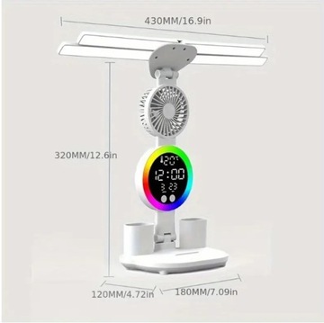 Wielofunkcyjna lampka biurkowa LED wentylator zegar RGB 4-skrzydłowa biurko