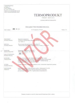 Świadectwo wzorcowania bez PCA dla higrometrów