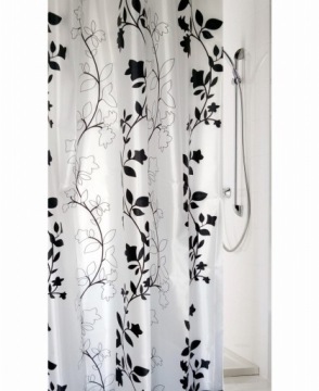GRUBA ZASŁONA PRYSZNICOWA POLIESTROWA 180cm x 180 BIAŁA CZARNE LIŚCIE