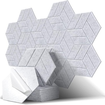 PANELE AKUSTYCZNE HEXAGON SAMOPRZYLEPNE SZARE 30X26X0,9 12 SZTUK WZORY PREM