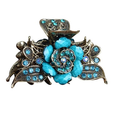 Brązowe metalowe spinki do włosów w kształcie szczęki Eleganckie retro Rhinestone Kwiatowe włosy w kolorze niebieskim