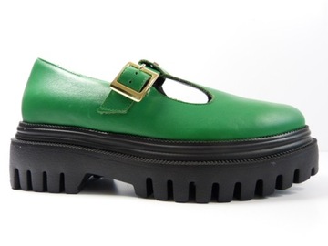 Zielone lekkie półbuty mokasyny skórzane buty damskie z zapięciem Karino 37