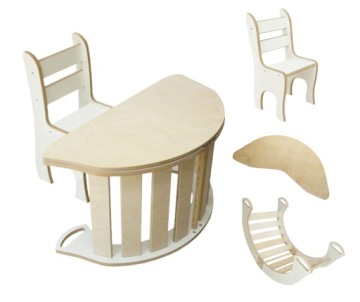 Dřevěný houpačka stůl Montessori pro dítě, bílá barva, 98 cm/L, Mdf, židle 3v1