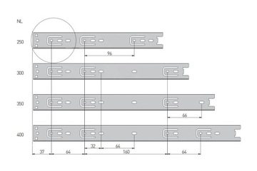 H30 GTV шариковая направляющая для ящиков 350 мм, полное выдвижение L350 грузоподъемность 15 кг