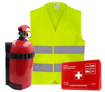ZESTAW DO AUTA GAŚNICA PROSZKOWA Z WIESZAKIEM KAMIZELKA APTECZKA