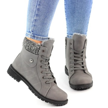 BOTKI DAMSKIE TIMBERKI OCIEPLANE TRAPERY FUTRO SUWAK GREY BUTTON 39