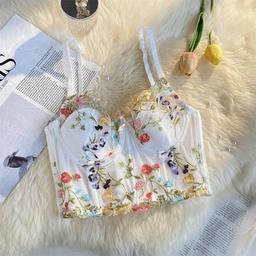 French retro colorful floral halter fishbone corse