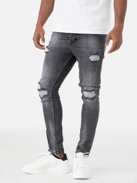 SPODNIE MĘSKIE JEANSOWE Z Uszkodzeniami Skinny Fit Ciemne Szare i8 Denim 32