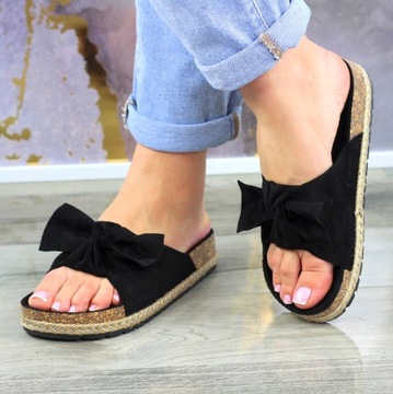 ТАПОЧКИ ИЗ ЗАМШИ ОДНОПРИЛЬНЫЕ ЖЕНСКИЕ НА ПРОБКЕ С БАНТОМ ЧЕРНЫЕ 37